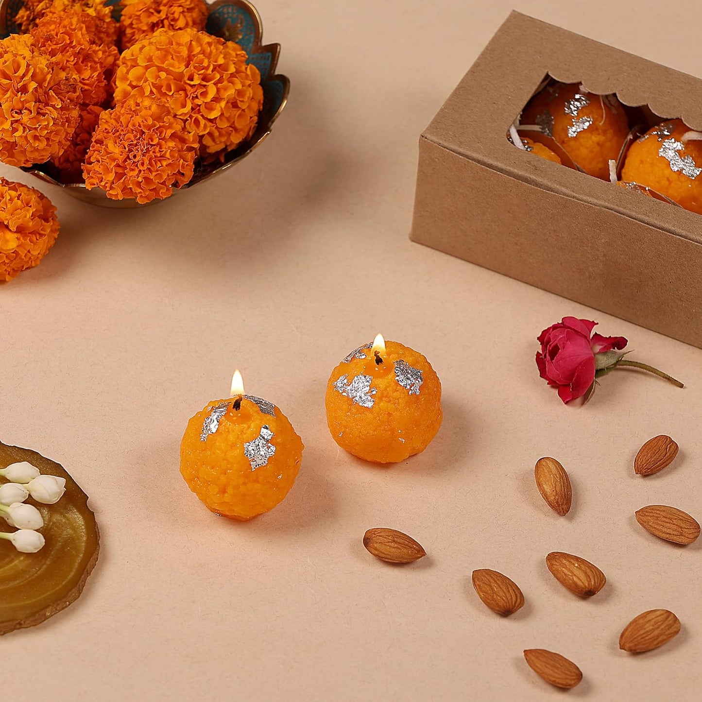 HDC Hand Poured Premium Motichur Laddoo Candles For Diwali, New Year Home/Mandir Decoration (Pack of 6)