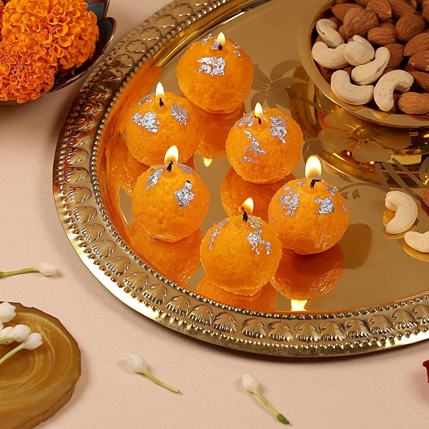 HDC Hand Poured Premium Motichur Laddoo Candles For Diwali, New Year Home/Mandir Decoration (Pack of 6)