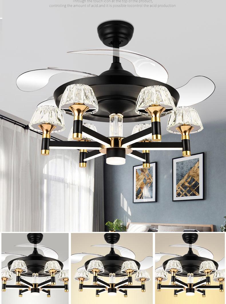 HDC Ceiling Fan Chandelier With 3 Layer Crystal Gold And Remote Control 4 Retractable Abs Blades - Warm White