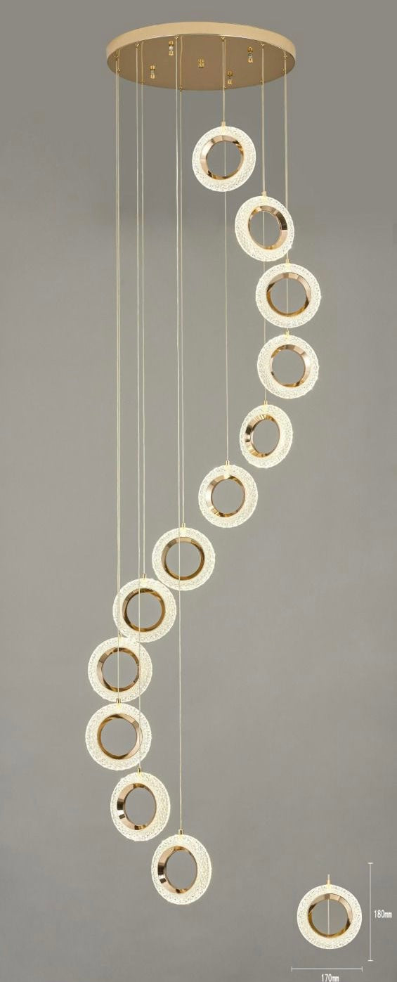 HDC 10 Lights Led Ring Gold Double Height Long Stair Chandelier