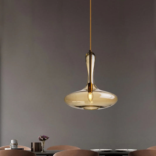 Hdc Amber/Smoke Hand Blown Glass Lamp for Kitchen Island Sink Adjustable Hanging Droplight