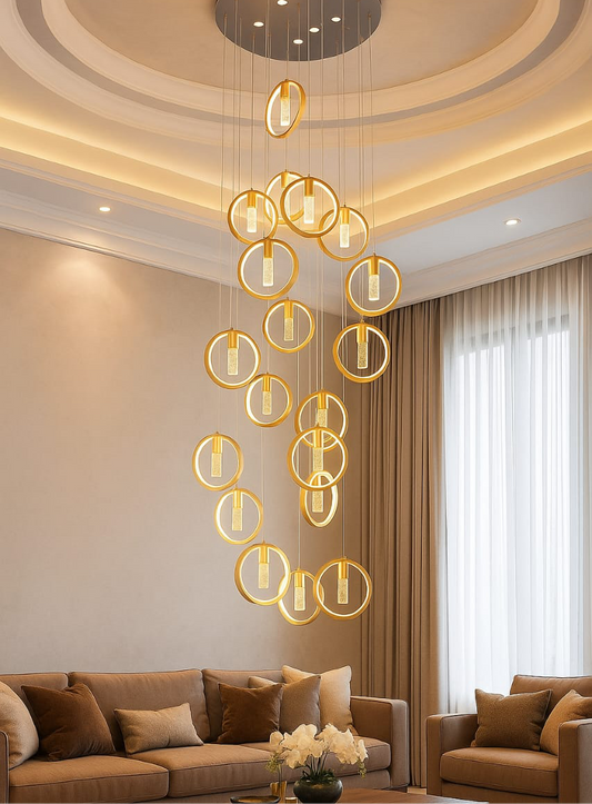 HDC 25 Lights Modern Led Golden Acrylic Hanging Double Height Staircase Chandelier
