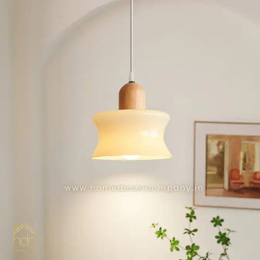 HDC Wood Dome Pendant Light Cream Glass Pendant Lighting Kitchen Island Hanging Ceiling Lamp Modern Wooden Suspended Lights for Dining Room Bedroom Bedside Living Room