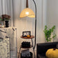 Hdc Decorative Floor Lamp with Shelves 3-Tier Wooden Storage & Fabric Shade Standing Lamp with Table for Living Room, Bedroom, Office