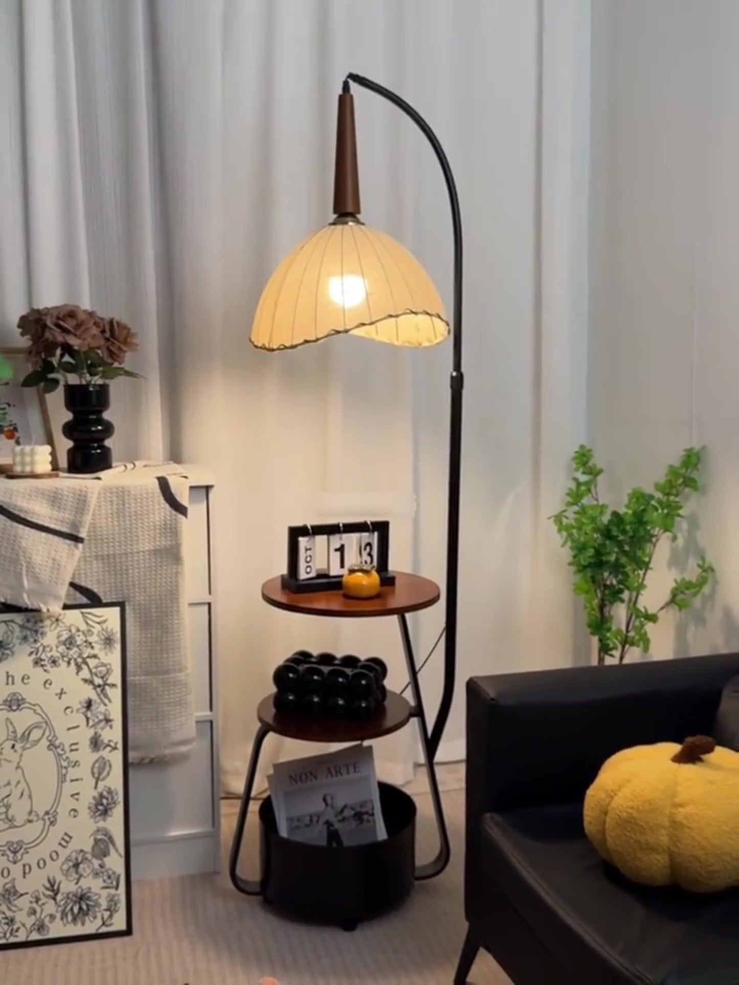 Hdc Decorative Floor Lamp with Shelves 3-Tier Wooden Storage & Fabric Shade Standing Lamp with Table for Living Room, Bedroom, Office