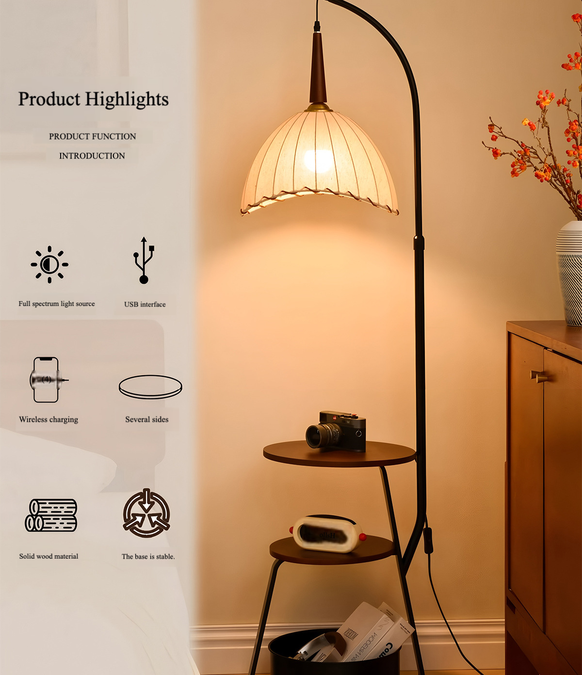 Hdc Decorative Floor Lamp with Shelves 3-Tier Wooden Storage & Fabric Shade Standing Lamp with Table for Living Room, Bedroom, Office