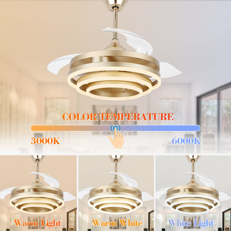 HDC Invisible Golden Rings Ceiling Fan Chandelier With Remote Control 4 Retractable Abs Blades - Warm White