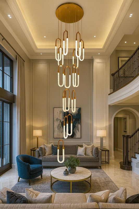 Hdc 19-Lights Creative U-Shaped Tube Golden LED Double Height Long Stair Chandelier