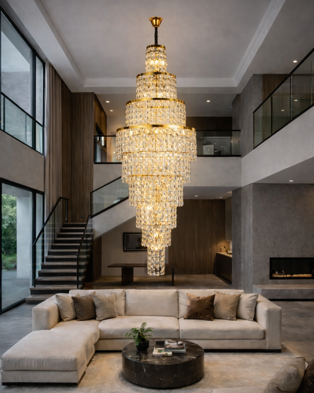 HDC 2000mm Luxury Gold Crystal Cascade Double Height Chandelier for Staircase & Lobby