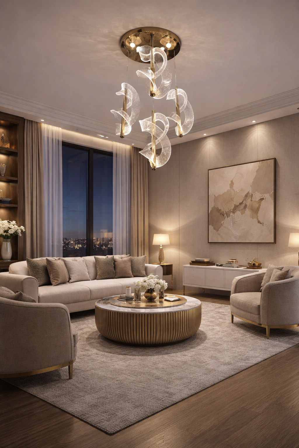 HDC Premium Floating Crystal Ribbon Glow Luxury Chandelier in Gold Finish