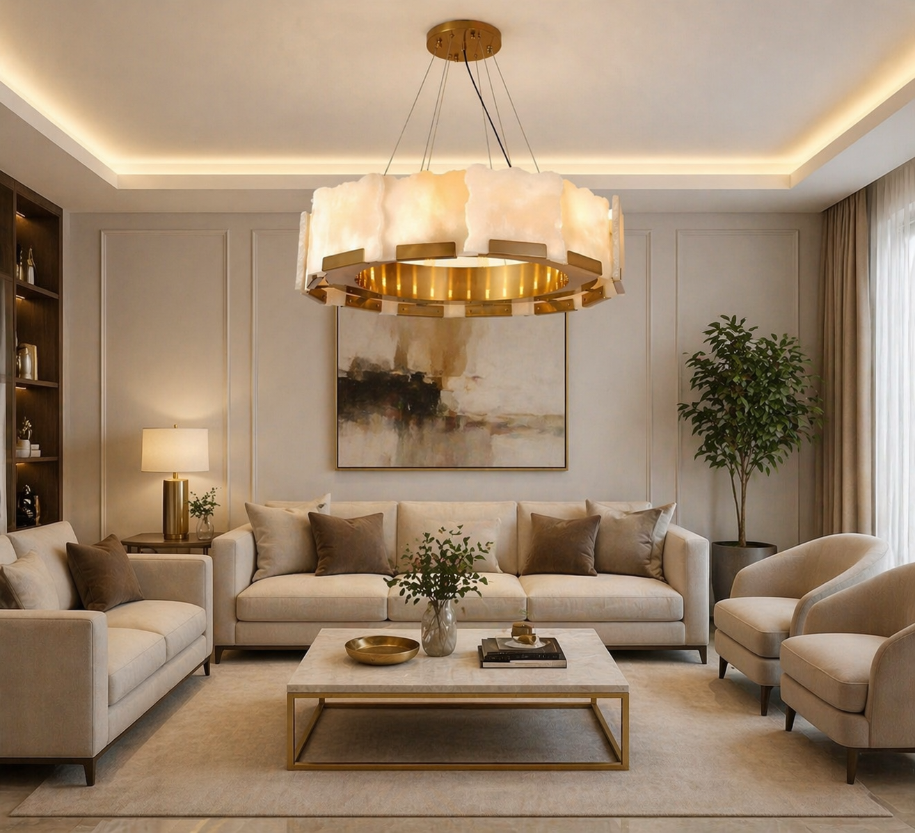 HDC 800mm Gold Finish Premium Marble Ring Chandelier for Bedroom, Living Room, Lobby