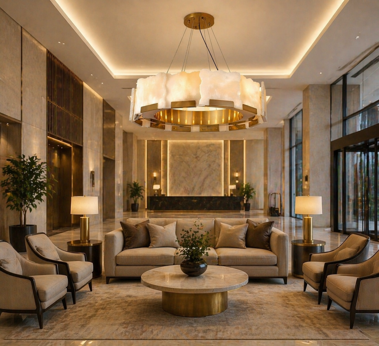 HDC 800mm Gold Finish Premium Marble Ring Chandelier for Bedroom, Living Room, Lobby