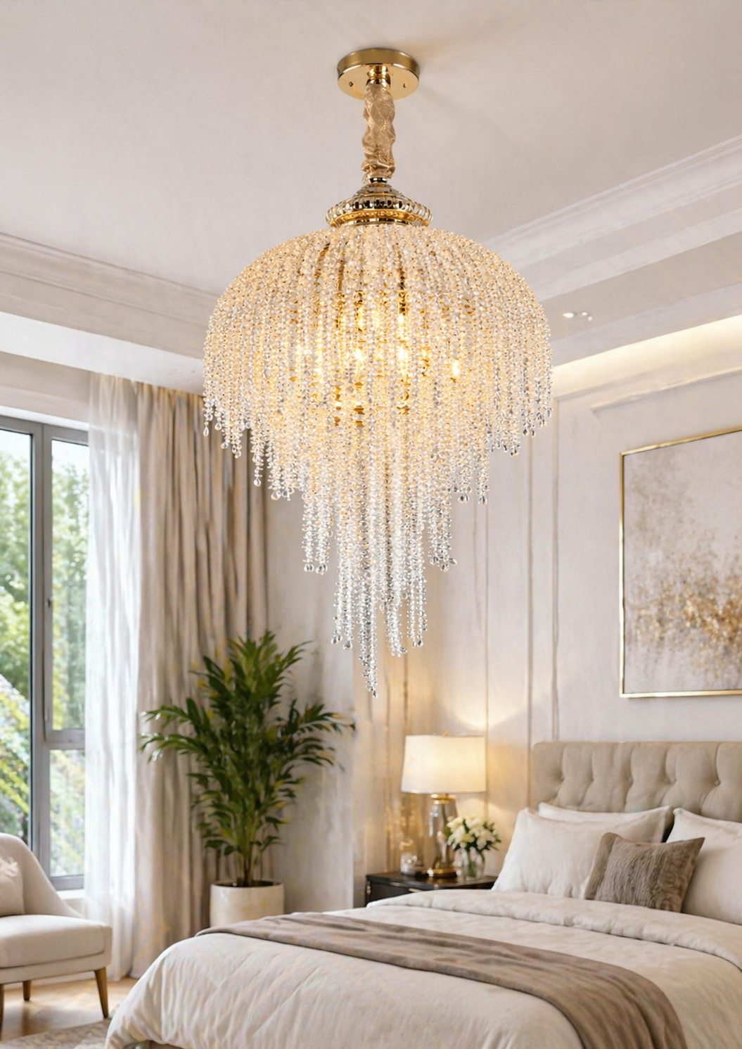 HDC Gold 600mm Luxury Crystal Cascade Chandelier for Bedroom, Lobby