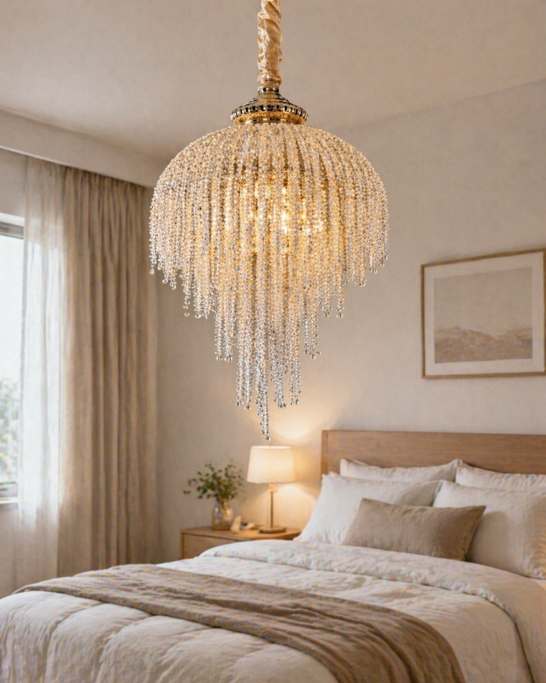 HDC Gold 600mm Luxury Crystal Cascade Chandelier for Bedroom, Lobby