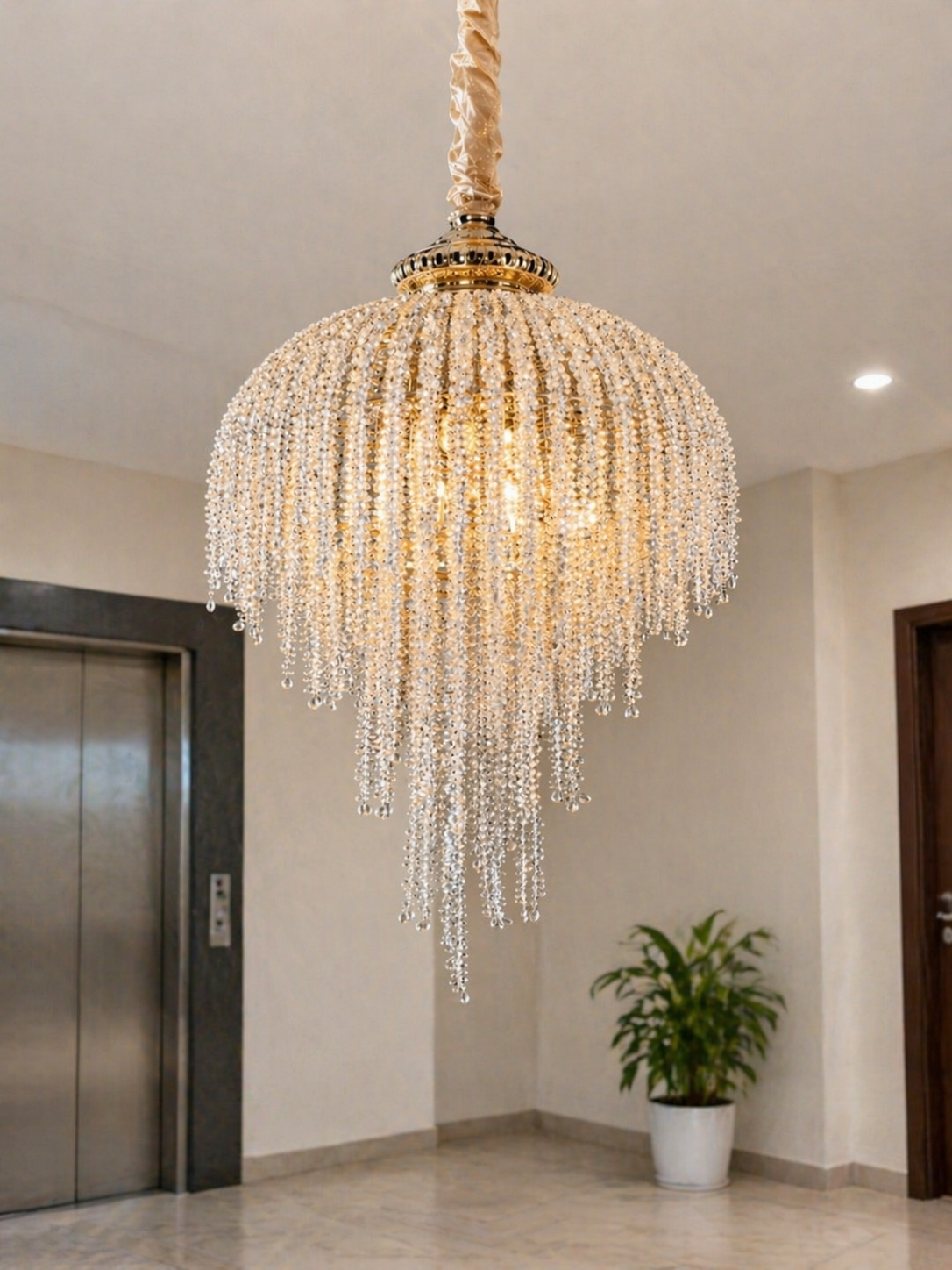 HDC Gold 600mm Luxury Crystal Cascade Chandelier for Bedroom, Lobby
