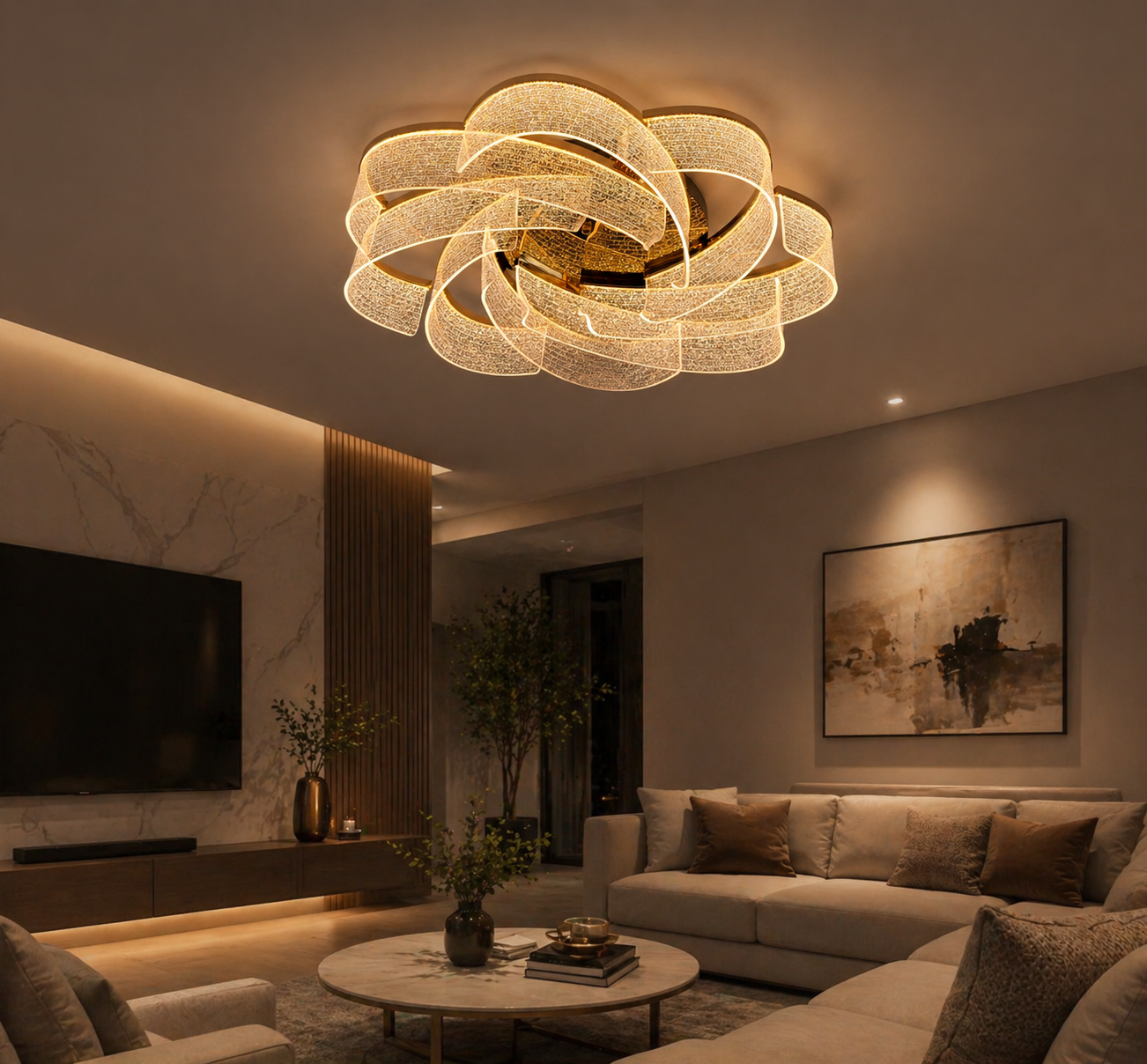 HDC Luxury 600mm Modern Crystal Wave Ceiling Chandelier for Bedroom & Living Spaces- Tricolor