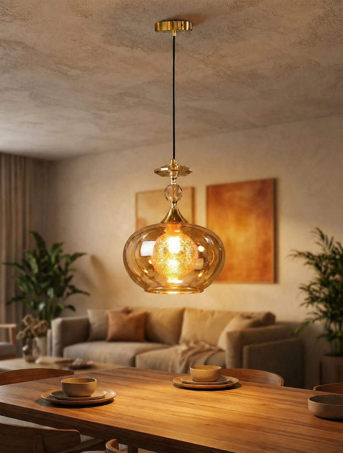 HDC Modern Amber/Smoke Glass Hanging Pendant Light for Bedroom, Living Room
