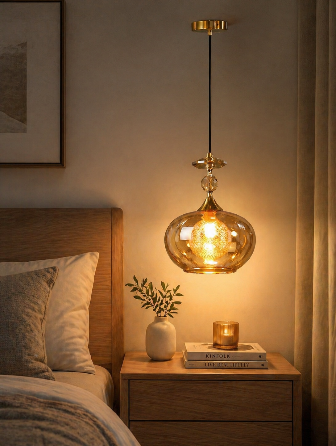 HDC Modern Amber/Smoke Glass Hanging Pendant Light for Bedroom, Living Room