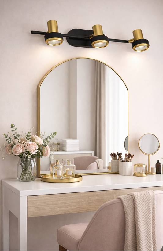 HDC Premium Black & Gold 18 Watt Triple Head Mirror Light for Bathroom, Vanity Areas