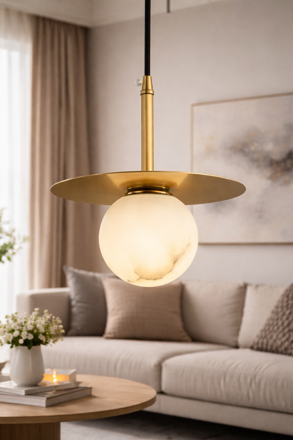 HDC Luxury Circular Frame Marble Finish Globe Pendant Light For Living Room, Bedroom