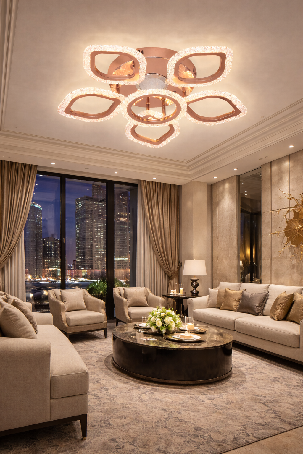 HDC RGD Finish 5+1 Ring Crystal Petal LED Ceiling Chandelier Light for Living Room