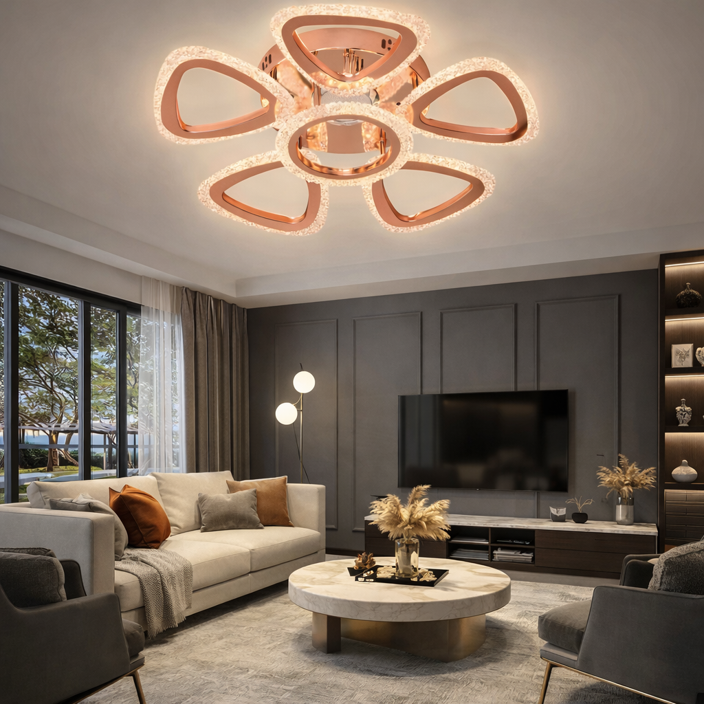 HDC RGD Finish 5+1 Ring Crystal Petal LED Ceiling Chandelier Light for Living Room