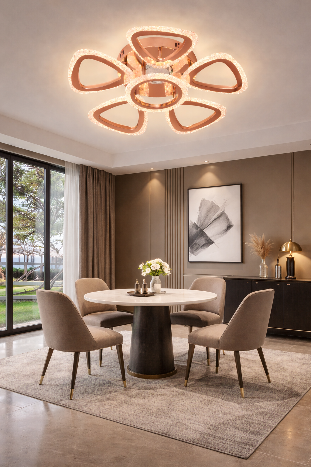 HDC RGD Finish 5+1 Ring Crystal Petal LED Ceiling Chandelier Light for Living Room