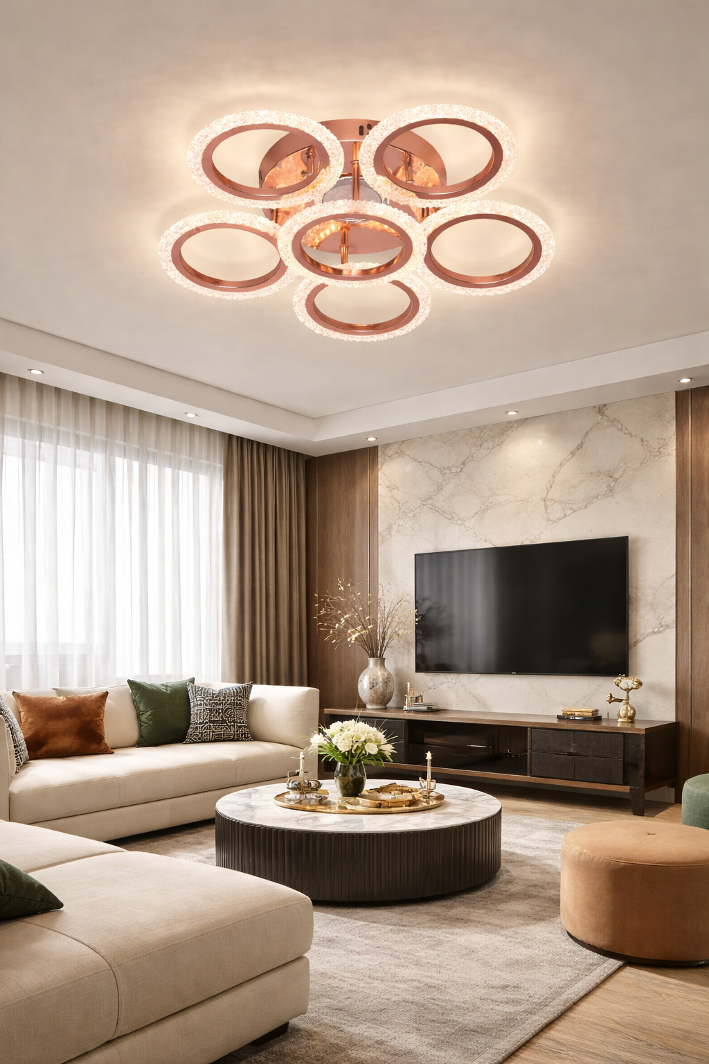 HDC RGD Finish 5+1 Ring Crystal LED Ceiling Chandelier Light for Living Room