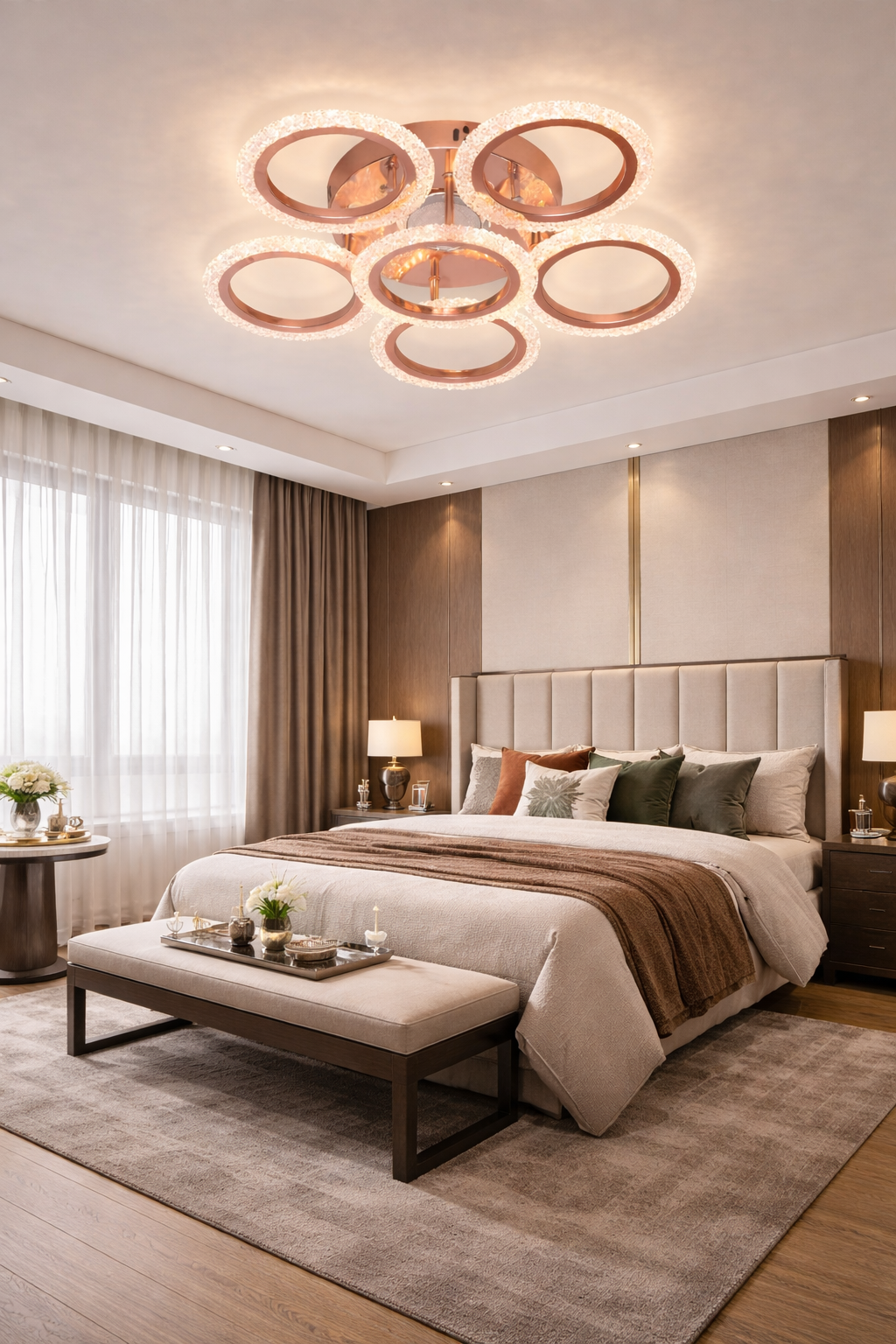 HDC RGD Finish 5+1 Ring Crystal LED Ceiling Chandelier Light for Living Room
