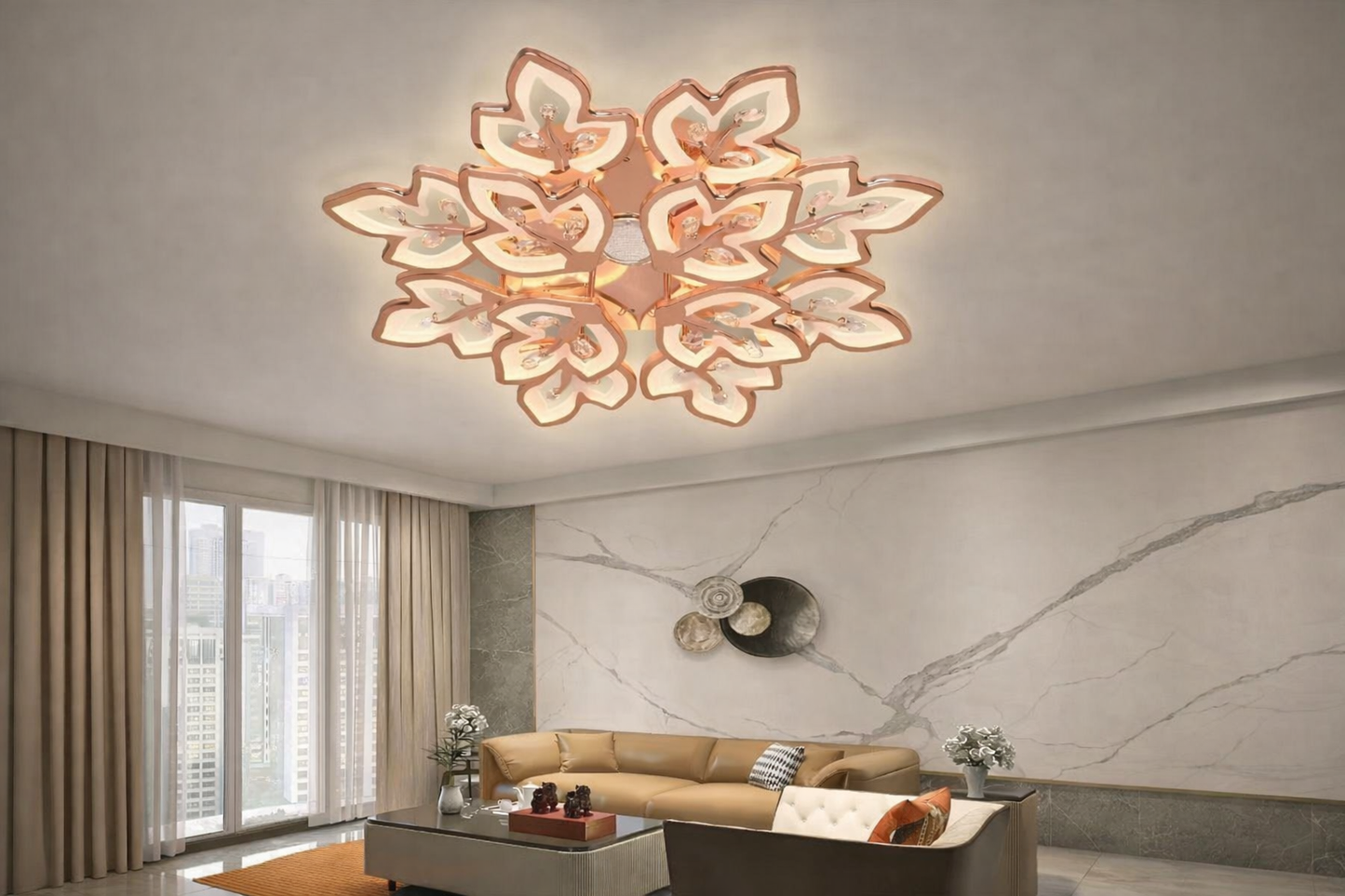 HDC 12 Lights Luxury Rose Gold Floral LED Ceiling Chandelier Light for Living Room & Bedroom