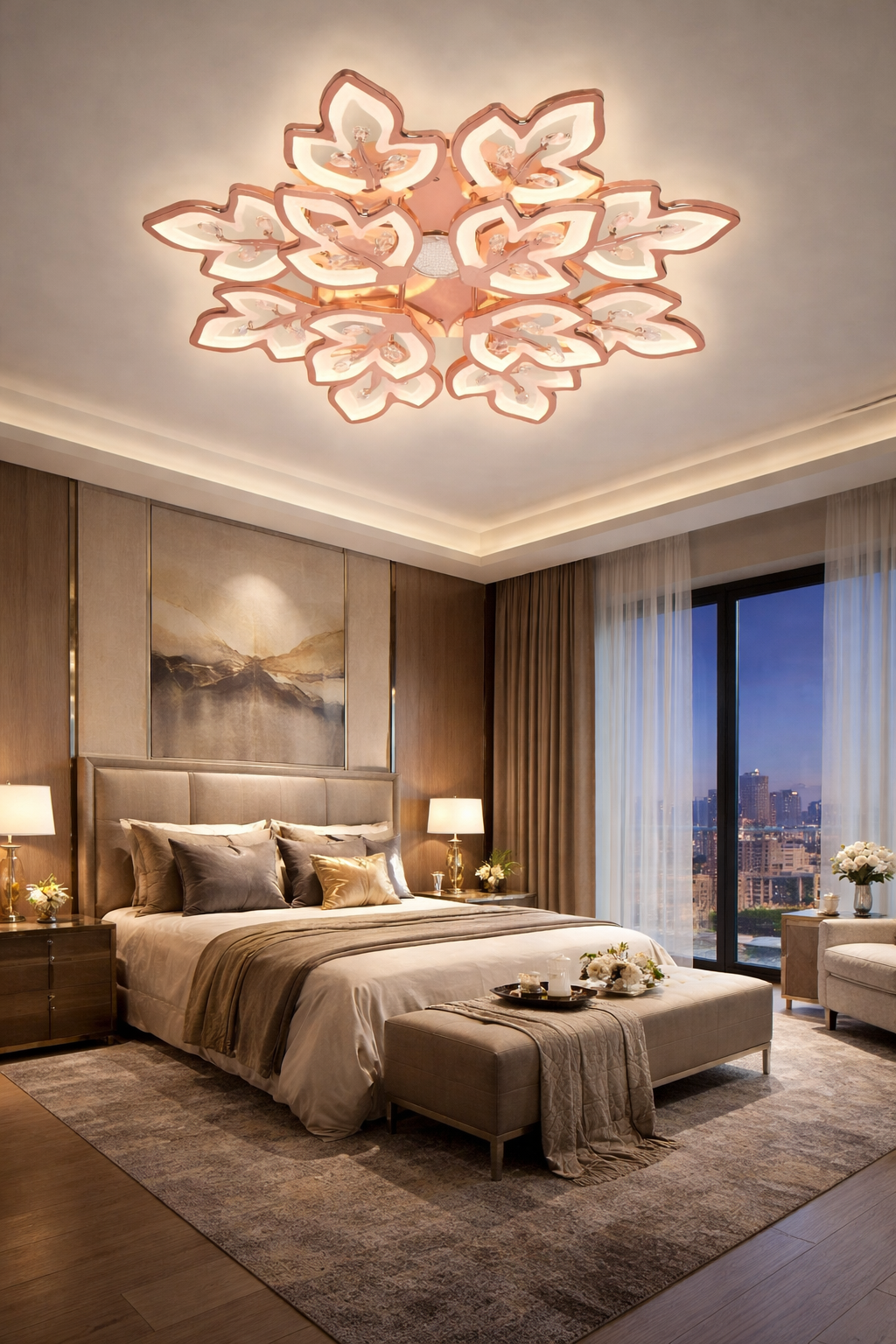 HDC 12 Lights Luxury Rose Gold Floral LED Ceiling Chandelier Light for Living Room & Bedroom
