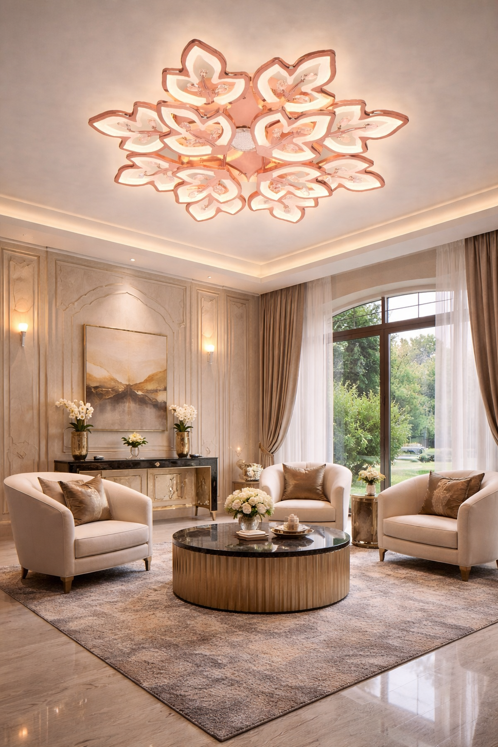 HDC 12 Lights Luxury Rose Gold Floral LED Ceiling Chandelier Light for Living Room & Bedroom