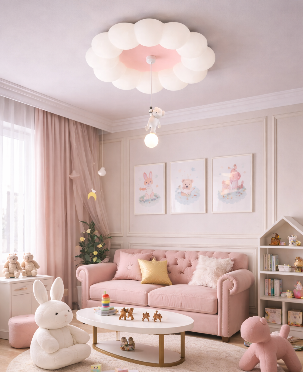HDC Cloud Teddy Kids Soft Pink & White Chandelier Ceiling Light for Bedroom & Nursery