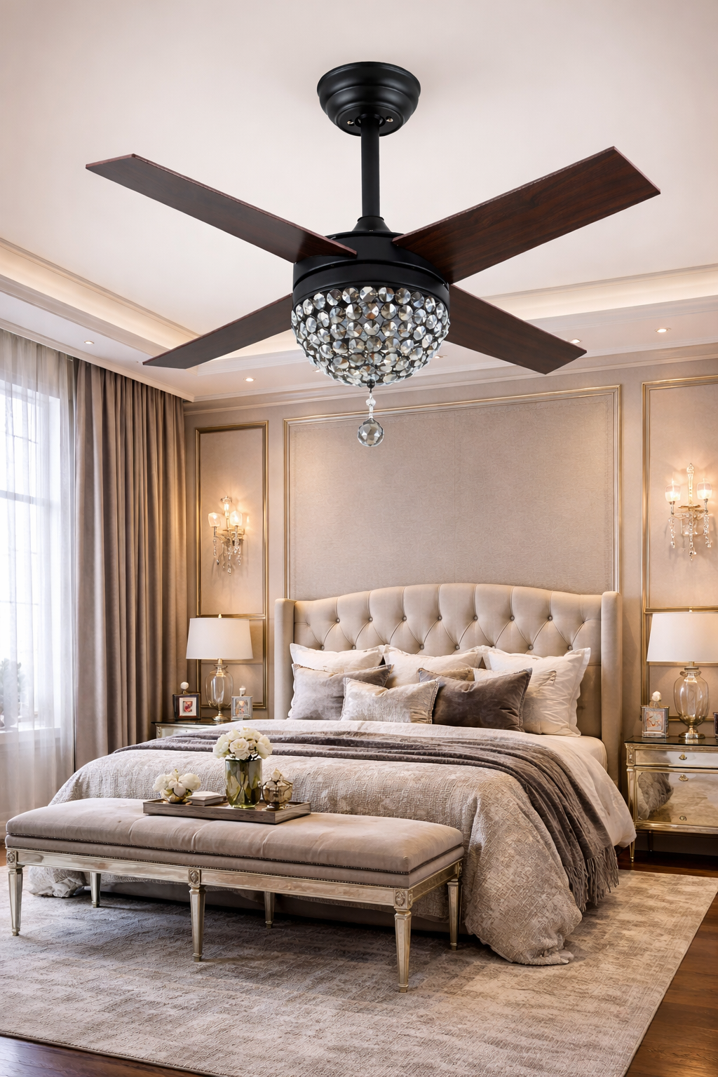 HDC Black & Dark Wood Finish Luxury Crystal Ceiling Fan with Decorative Chandelier Light