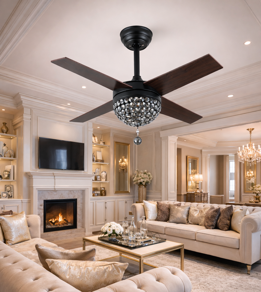 HDC Black & Dark Wood Finish Luxury Crystal Ceiling Fan with Decorative Chandelier Light