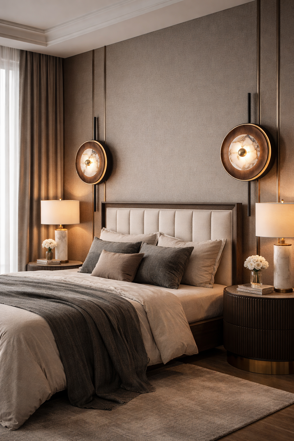 HDC Luxury Black & Wood Round Designer Wall Light for Living Room, Bedroom