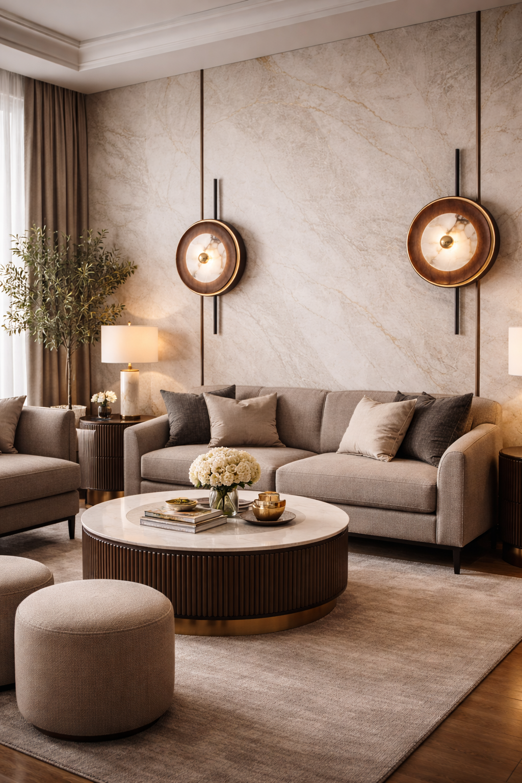 HDC Luxury Black & Wood Round Designer Wall Light for Living Room, Bedroom