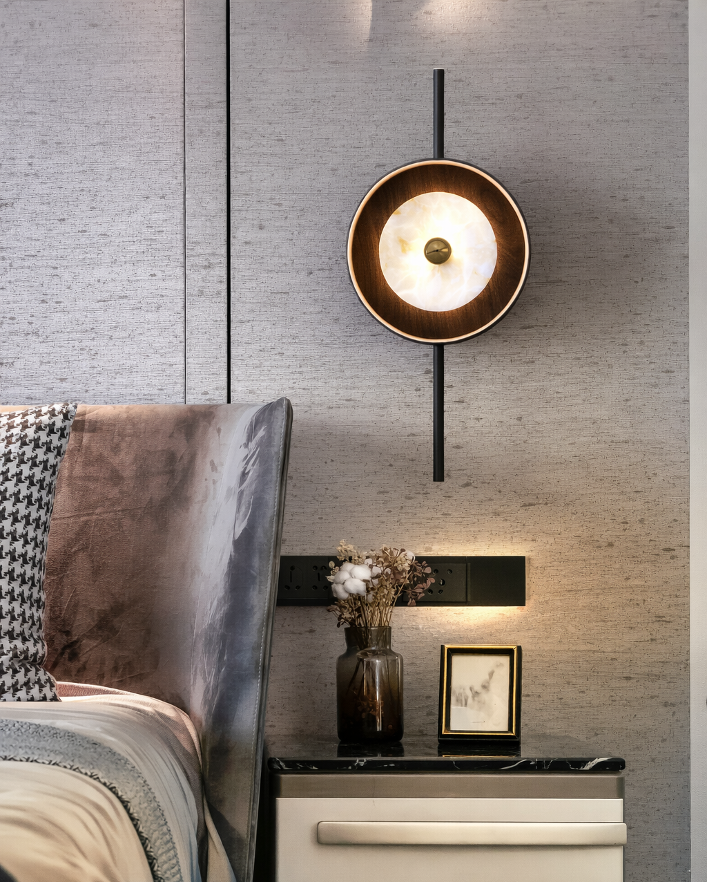 HDC Luxury Black & Wood Round Designer Wall Light for Living Room, Bedroom