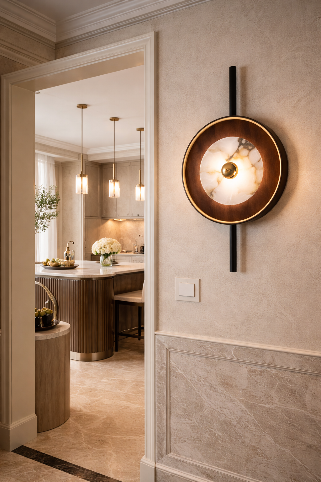 HDC Luxury Black & Wood Round Designer Wall Light for Living Room, Bedroom