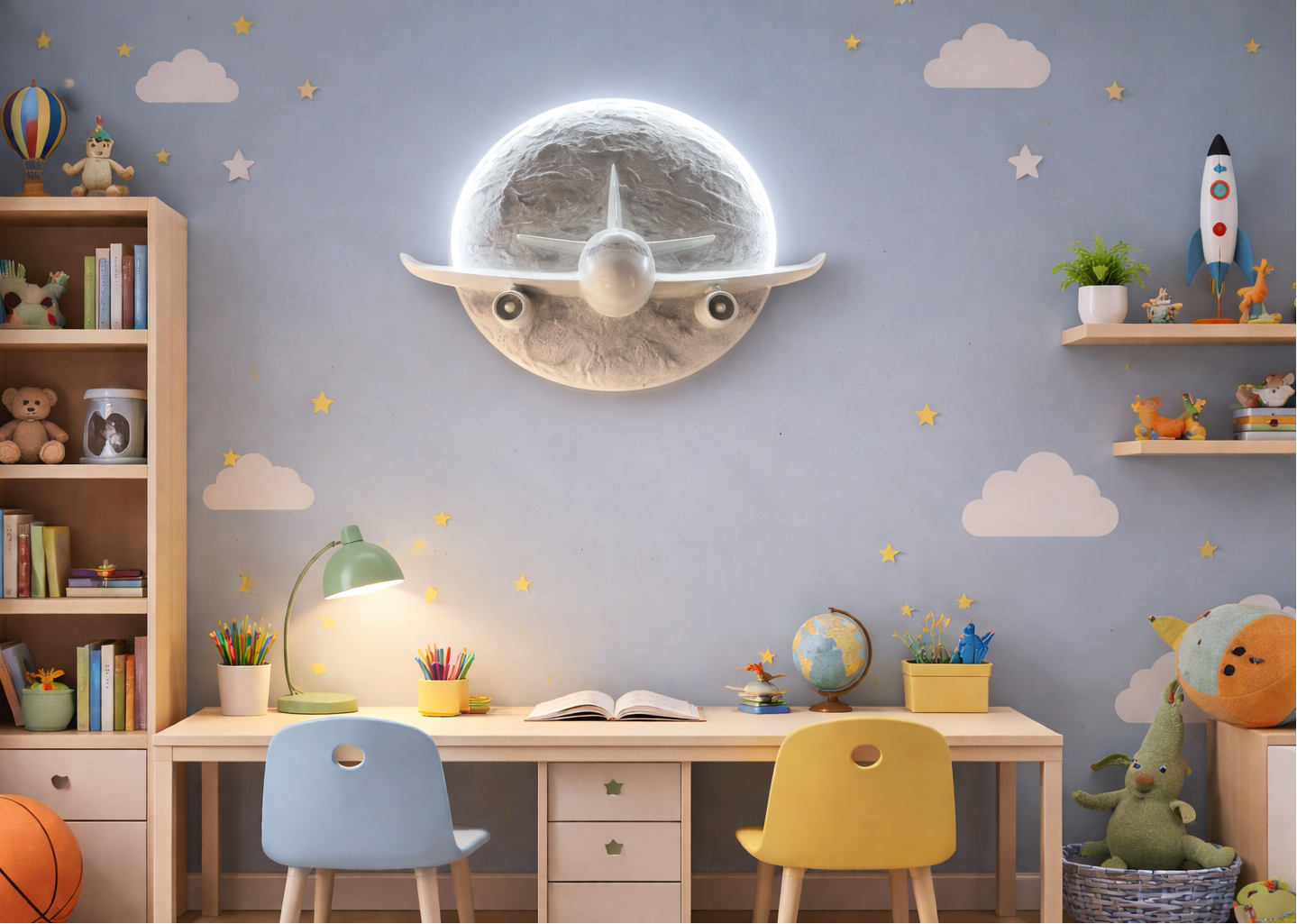 HDC Decorative Moon & Airplane Wall Light for Kids Playroom, Bedroom