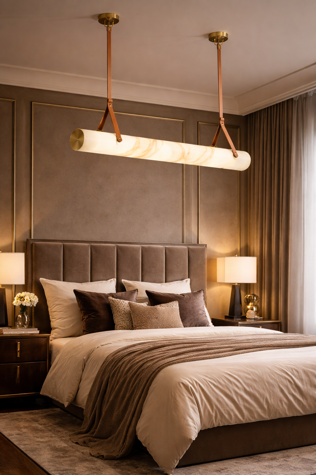 HDC 1000mm Gold Finish Luxury Marble Finish Tube Chandelier Light with Leather Strap