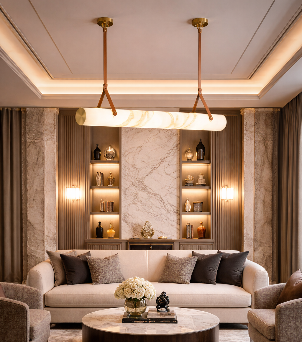 HDC 1000mm Gold Finish Luxury Marble Finish Tube Chandelier Light with Leather Strap