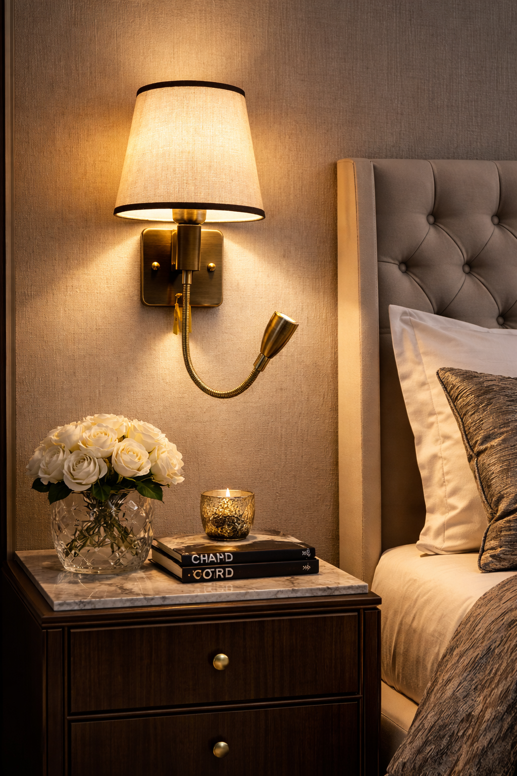 HDC Luxury Fabric Shade Wall Light with Reading Spot for Bedroom