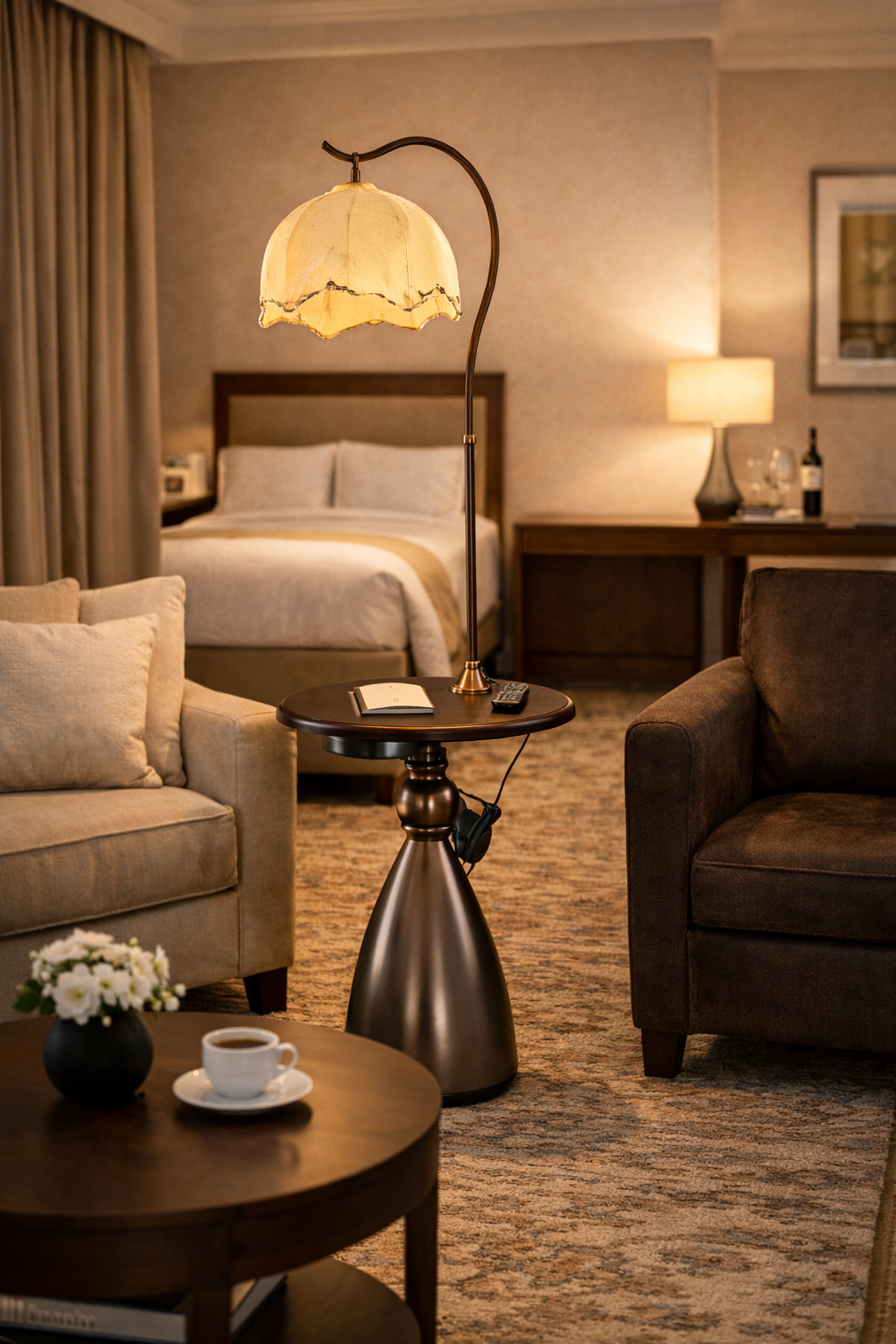 HDC Luxury Floor Lamp with Wooden Table & USB Charging – Premium Designer Standing Lamp