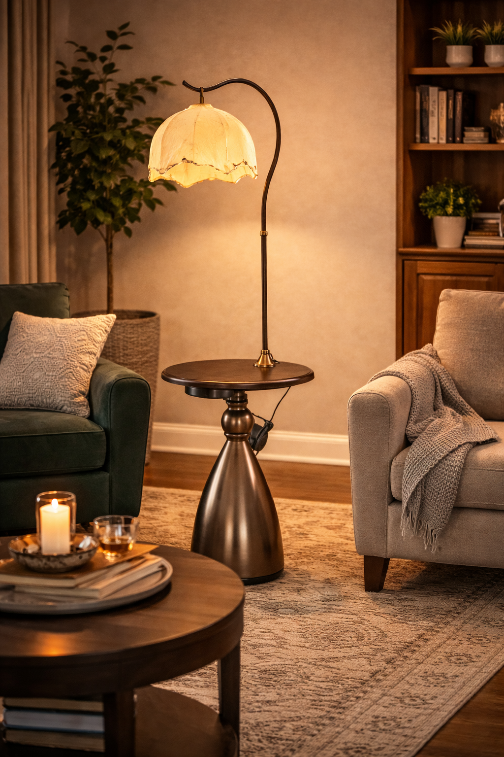 HDC Luxury Floor Lamp with Wooden Table & USB Charging – Premium Designer Standing Lamp