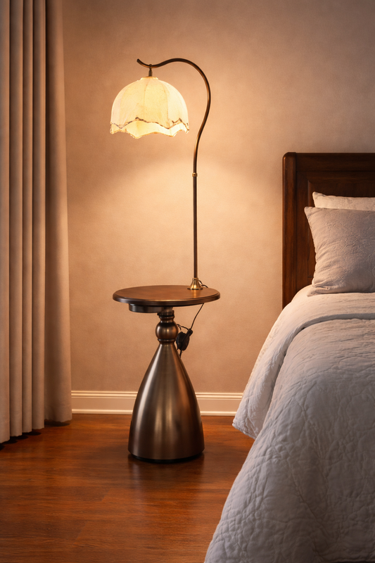 HDC Luxury Floor Lamp with Wooden Table & USB Charging – Premium Designer Standing Lamp