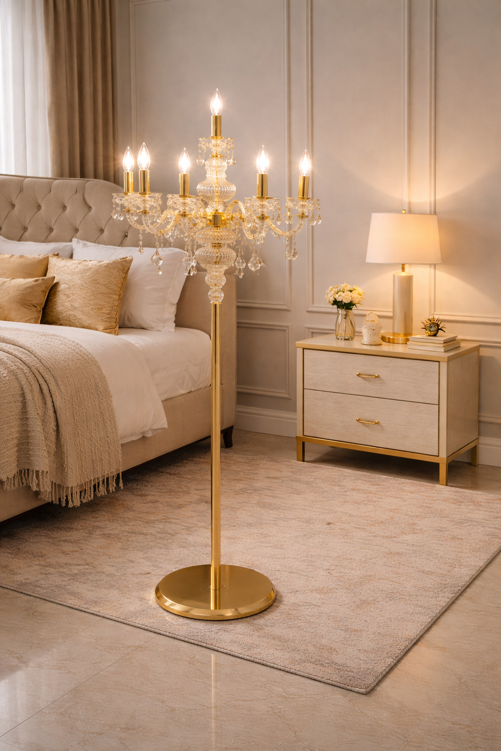 HDC 6 Lights Luxury Gold Crystal Floor Lamp for Living Room & Bedroom