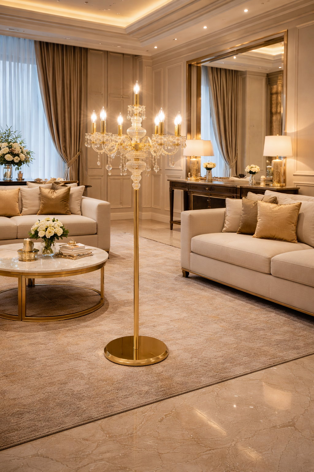 HDC 6 Lights Luxury Gold Crystal Floor Lamp for Living Room & Bedroom