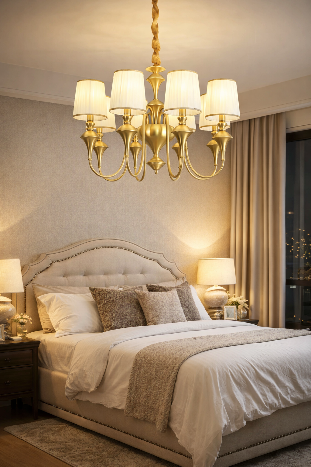 HDC 6 Lights Luxury Gold Finish Fabric Shade Chandelier Light for Living & Dining Area