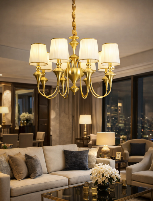 HDC 6 Lights Luxury Gold Finish Fabric Shade Chandelier Light for Living & Dining Area